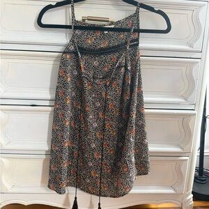 Floral Spaghetti Strap Summer Top with tassels - Brown with Orange & Lavender M